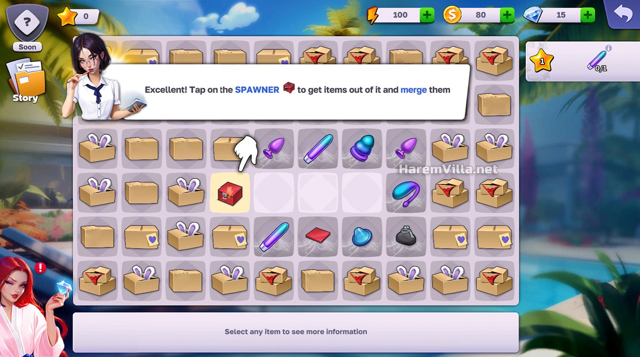Merge items puzzle gameplay in Harem Villa