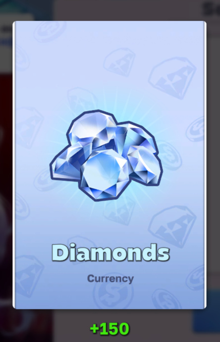 Harem Villa reward screen showing +150 diamonds