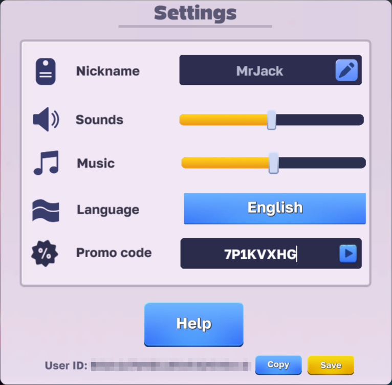 Harem Villa Settings screen with the promo code